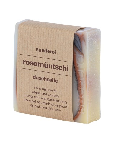 Naturseife Duschseife - Rosenmüntschi Wildrose - Vegan mit Verpackung seitlich