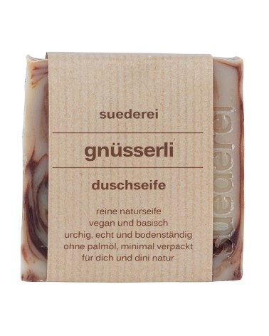 Naturseife Duschseife - Gnüsserli - Vegan mit Musterung gelb-braun mit Verpackung frontal
