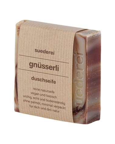 Naturseife Duschseife - Gnüsserli - Vegan mit Musterung gelb-braun mit Verpackung seitlich