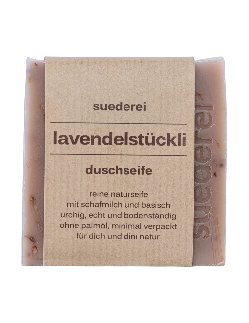 Lavendelstückli Duschseife mit Lavendel - Naturseife basisch verpackt frontal