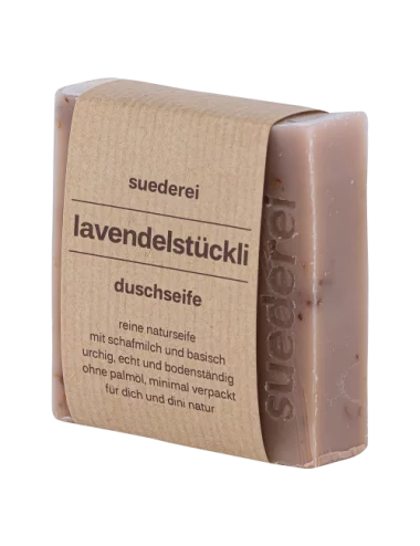 Lavendelstückli Duschseife mit Lavendel - Naturseife basisch verpackt seitlich