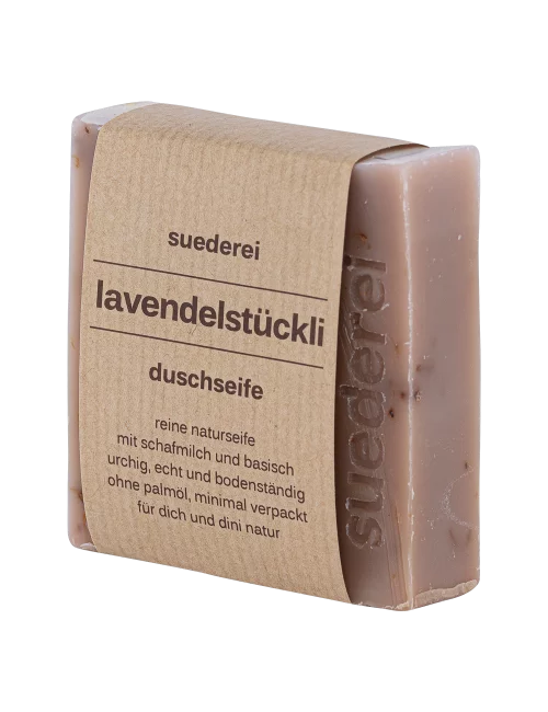 Lavendelstückli Duschseife mit Lavendel - Naturseife basisch verpackt seitlich