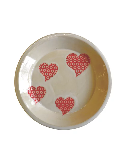 Dessert Ton-Teller - rote Herzen auf grau von vorne