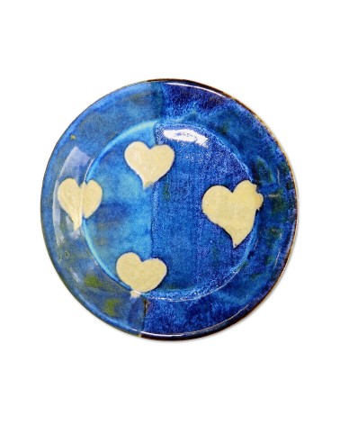 Dessert Ton-Teller - beige Herzen auf blau von vorne