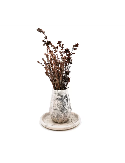 Vase aus Gips - kleine Blumenvase & Dekovase 'Linien' marmoriert - mit Deko und Untersetzer-Teller