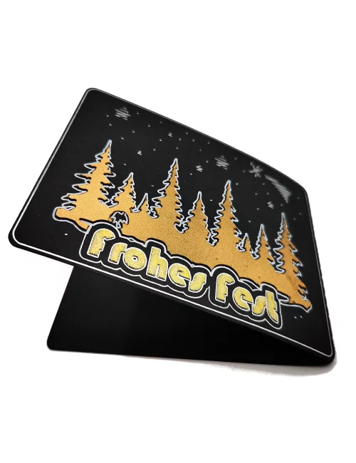 Spruchkarte & Grusskarte Winterwald - Weihnachten "Frohes Fest" gold auf schwarz liegend von oben