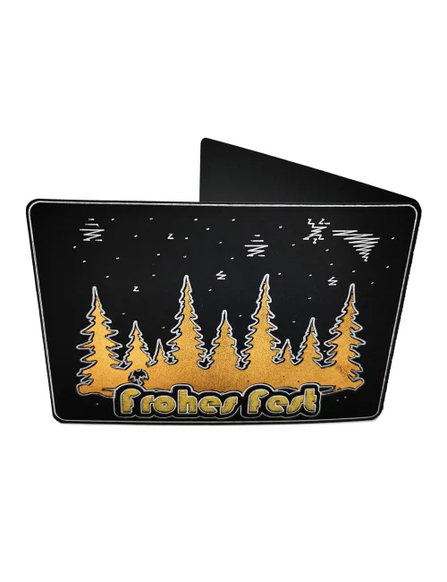 Spruchkarte & Grusskarte Winterwald - Weihnachten "Frohes Fest" gold auf schwarz stehend von vorne