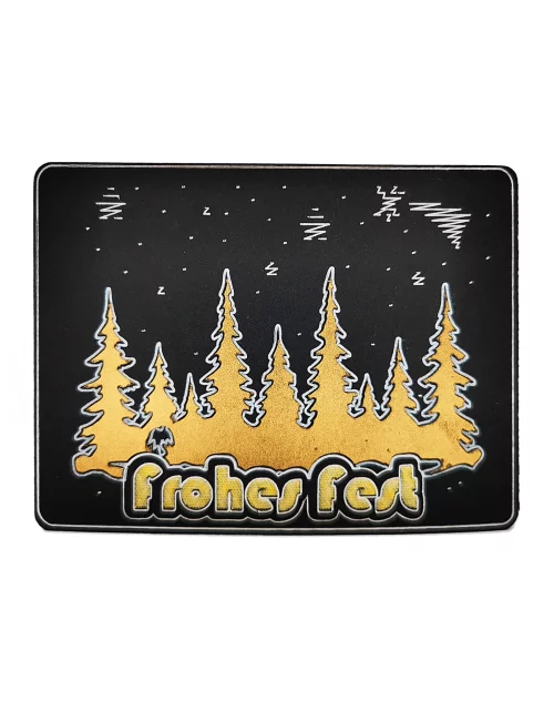 Spruchkarte & Grusskarte Winterwald - Weihnachten "Frohes Fest" gold auf schwarz frontal Frontseite