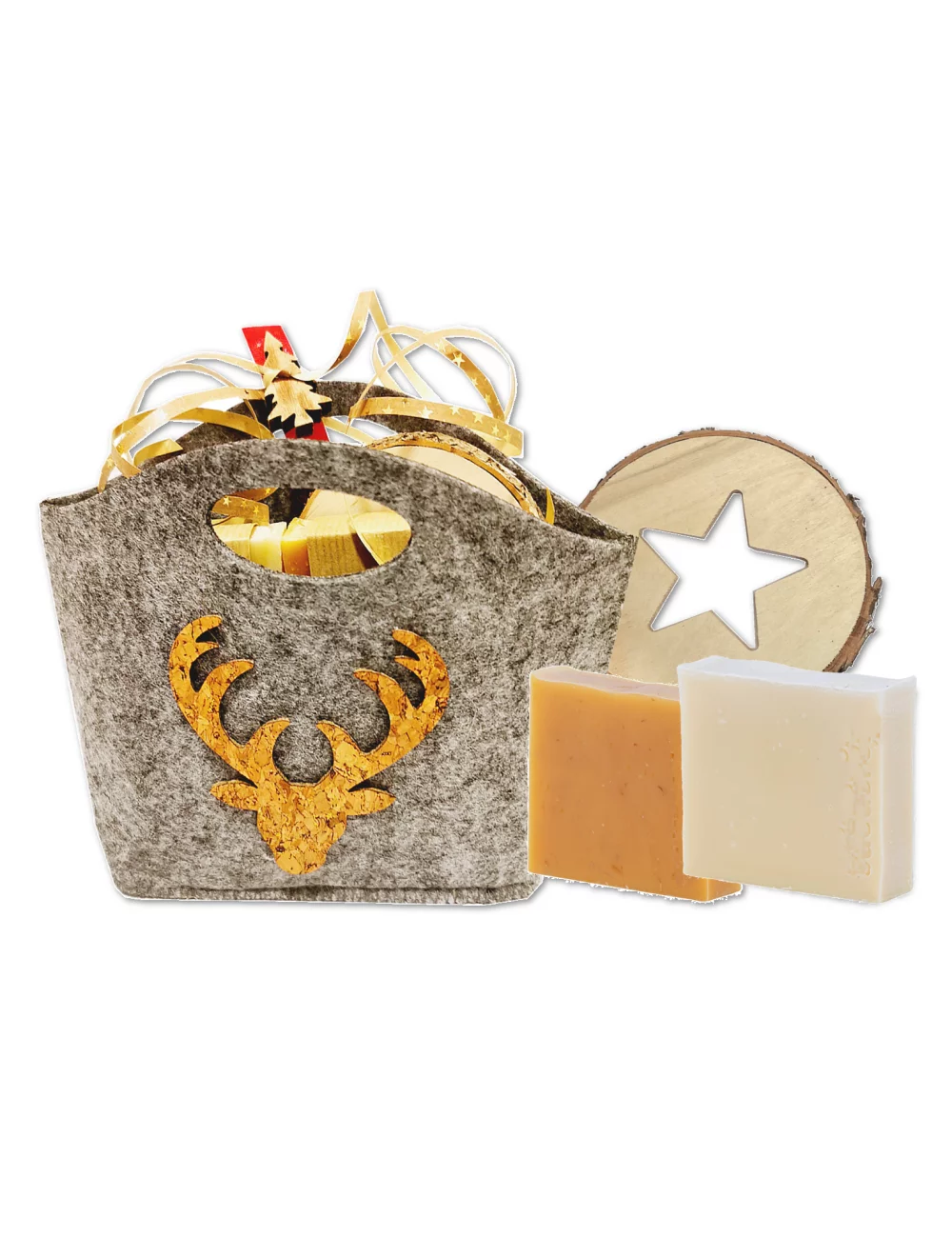 Geschenkset Weihnachten 3x Naturseife & Holzunterleger - Hirsch klein - Illustration alle Produkte