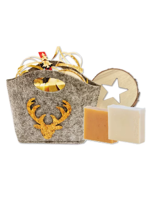 Geschenkset Weihnachten 3x Naturseife & Holzunterleger - Hirsch klein - Illustration alle Produkte