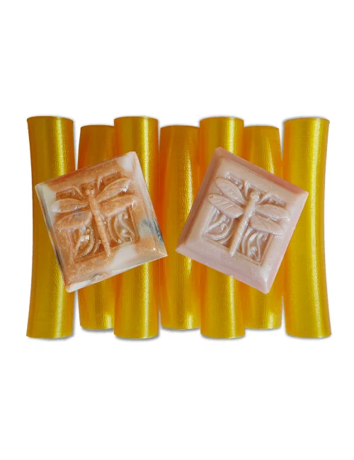 Seifenschale aus Kunststoff - Noodles in gelb mit Seifen illustriert