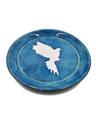 Weihnachts- & Friedens-Teller Taube aus Ton - weisse Taube auf blau - seitlich