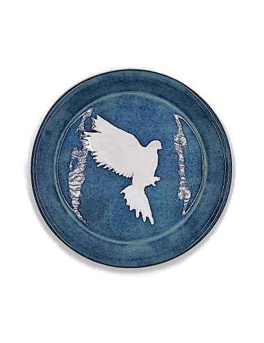 Weihnachts- & Friedens-Teller Taube aus Ton - weisse Taube auf blau - von noben