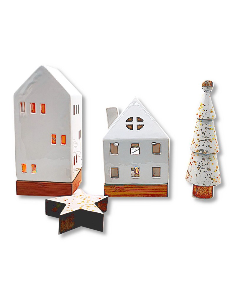 Set Weihnachten - Teelicht Haus, Stern, Christbaum - Dekoration in weiss/gold