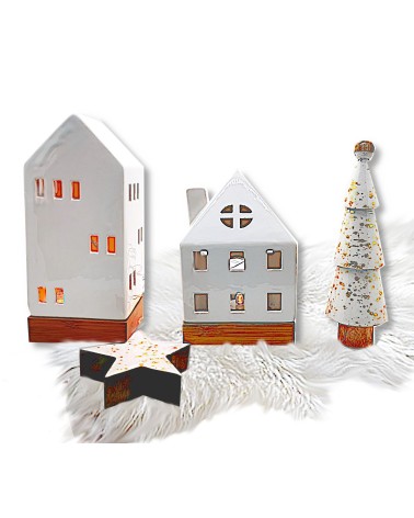 Set Weihnachten - Teelicht Haus, Stern, Christbaum - Dekoration in weiss/gold dekoriert