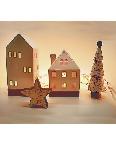 Set Weihnachten - Teelicht Haus, Stern, Christbaum - Dekoration in weiss/gold beleuchtet