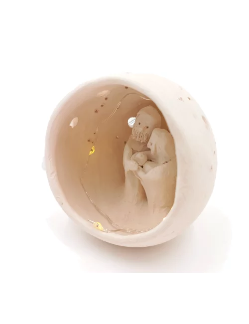 Kleine Kugel-Krippe aus Ton - Weihnachtskrippe Maria, Josef & Kind Szene 2 für Weihnachten seiltich