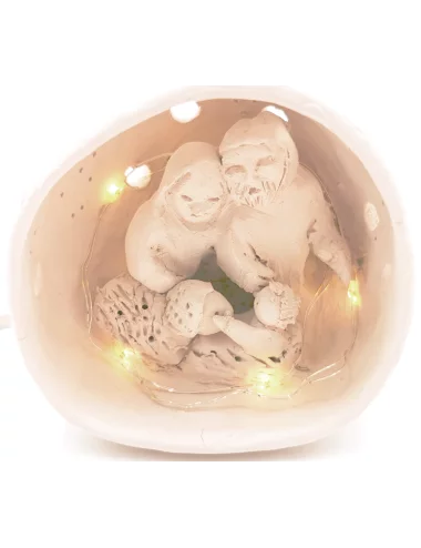 Kleine Kugel-Krippe aus Ton - Weihnachtskrippe Maria, Josef & Kind mit Lämmchen Szene 3 für Weihnachten