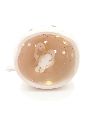 Kleine Kugel-Krippe aus Ton - Weihnachtskrippe Maria, Josef & Kind Szene 4 für Weihnachten beleuchtet