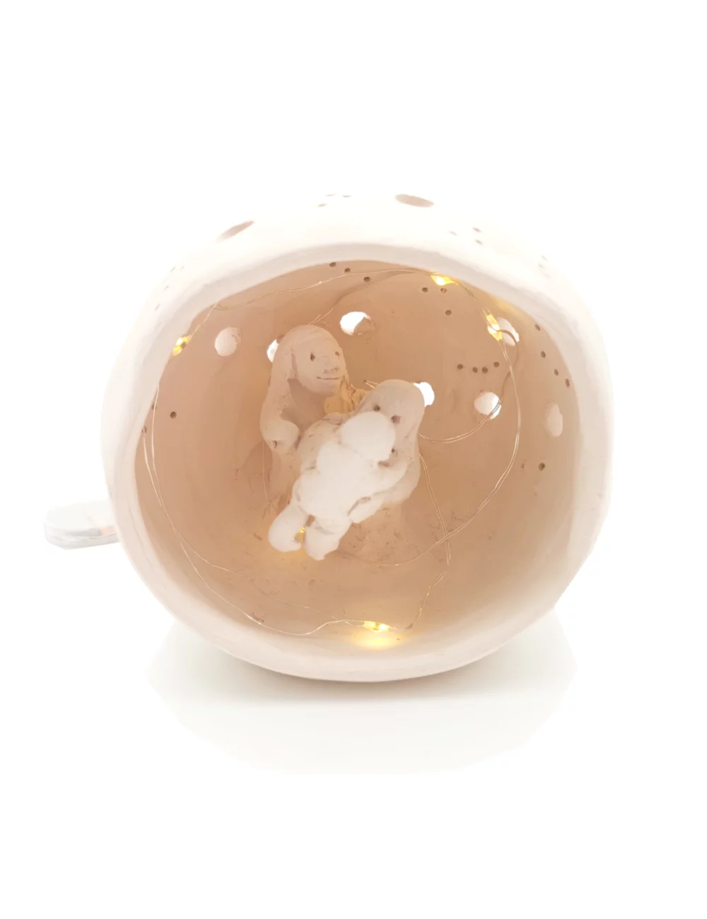 Kleine Kugel-Krippe aus Ton - Weihnachtskrippe Maria, Josef & Kind Szene 4 für Weihnachten beleuchtet