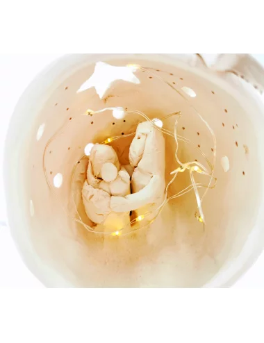 Kleine Kugel-Krippe aus Ton - Weihnachtskrippe Maria, Josef & Kind Szene 2 für Weihnachten beleuchtet