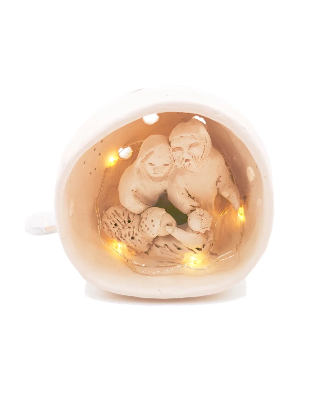 Kleine Kugel-Krippe aus Ton - Weihnachtskrippe Maria, Josef & Kind mit Lämmchen Szene 3 für Weihnachten