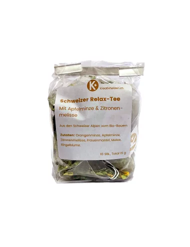 Schweizer Relax-Tee mit Apfelminze & Zitronenmelisse - Tee aus der Schweiz - Bild Tee in Verpackung frontal