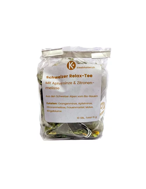 Schweizer Relax-Tee mit Apfelminze & Zitronenmelisse - Tee aus der Schweiz - Bild Tee in Verpackung frontal